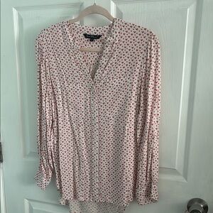 White and Red Buttoned Blouse with Mandarin Collar